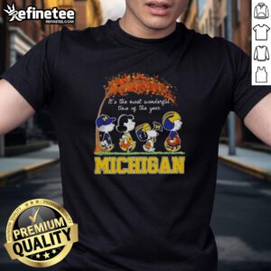 Premium Michigan Wolverines X Peanuts Snoopy and Friends autumn t-shirt celebrating 'It's The Most Wonderful Time of The Year.'