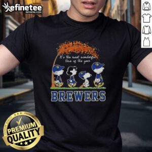 Alt Text: Premium Milwaukee Brewers X Peanuts Snoopy And Friends autumn T-shirt featuring festive design for the holiday season.