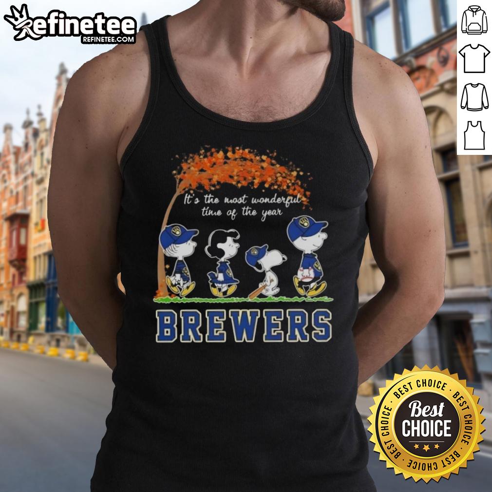 Alt Text: Premium Milwaukee Brewers X Peanuts Snoopy and Friends autumn tank top featuring festive designs for the holiday season.
