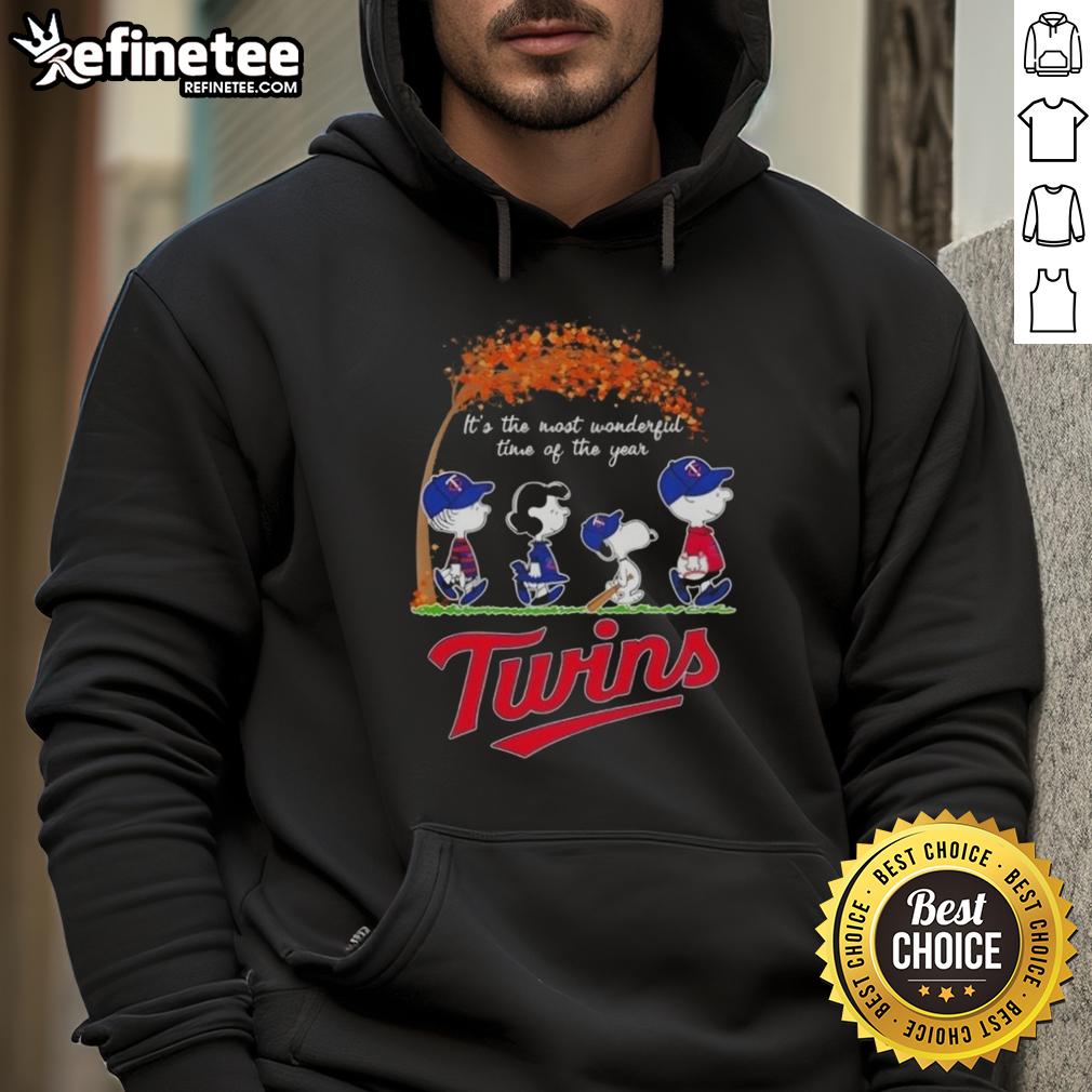 Alt Text: Premium Minnesota Twins X Peanuts Snoopy hoodie featuring autumn design, perfect for the most wonderful time of the year.