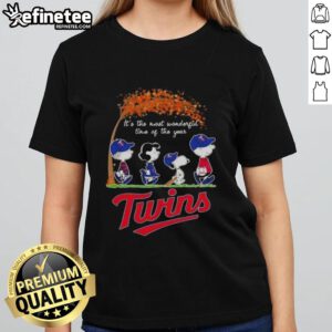 Premium Minnesota Twins X Peanuts tee featuring Snoopy and friends celebrating autumn, perfect for the season.