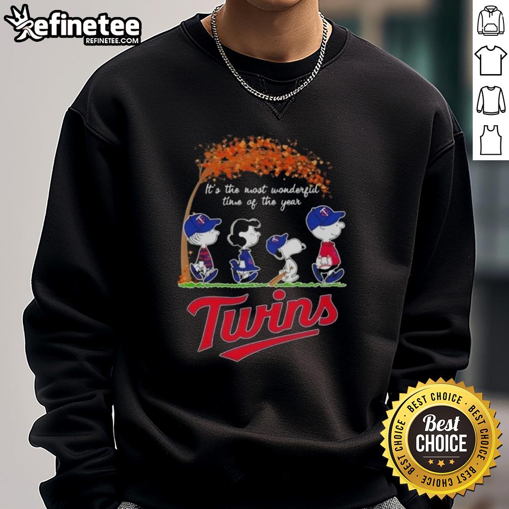 Premium Minnesota Twins X Peanuts Snoopy sweatshirt for autumn, celebrating 'It's the Most Wonderful Time of the Year.'