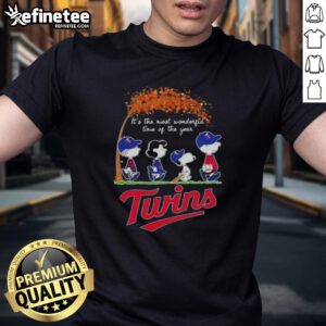 Alt Text: Premium Minnesota Twins X Peanuts Snoopy and Friends autumn T-shirt featuring festive design, perfect for fall celebrations.