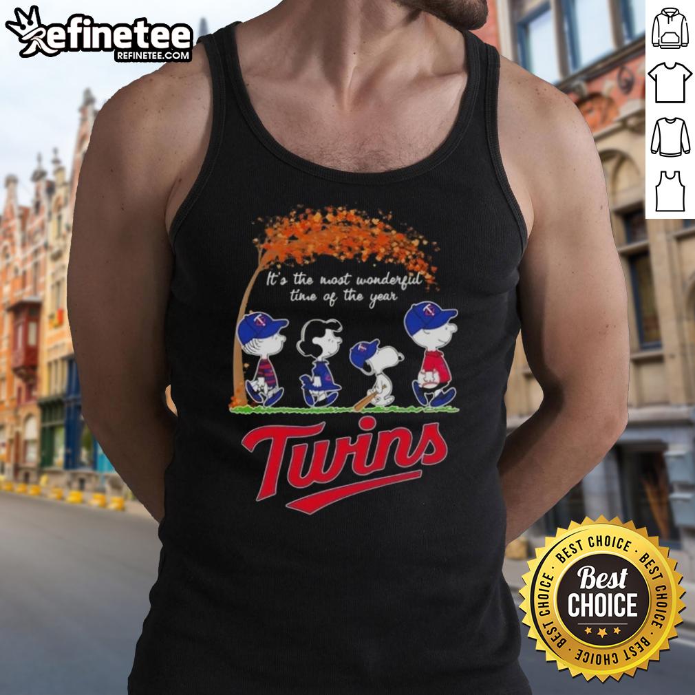 Premium Minnesota Twins X Peanuts Snoopy tank top celebrating autumn with 'It's the Most Wonderful Time of the Year' design.