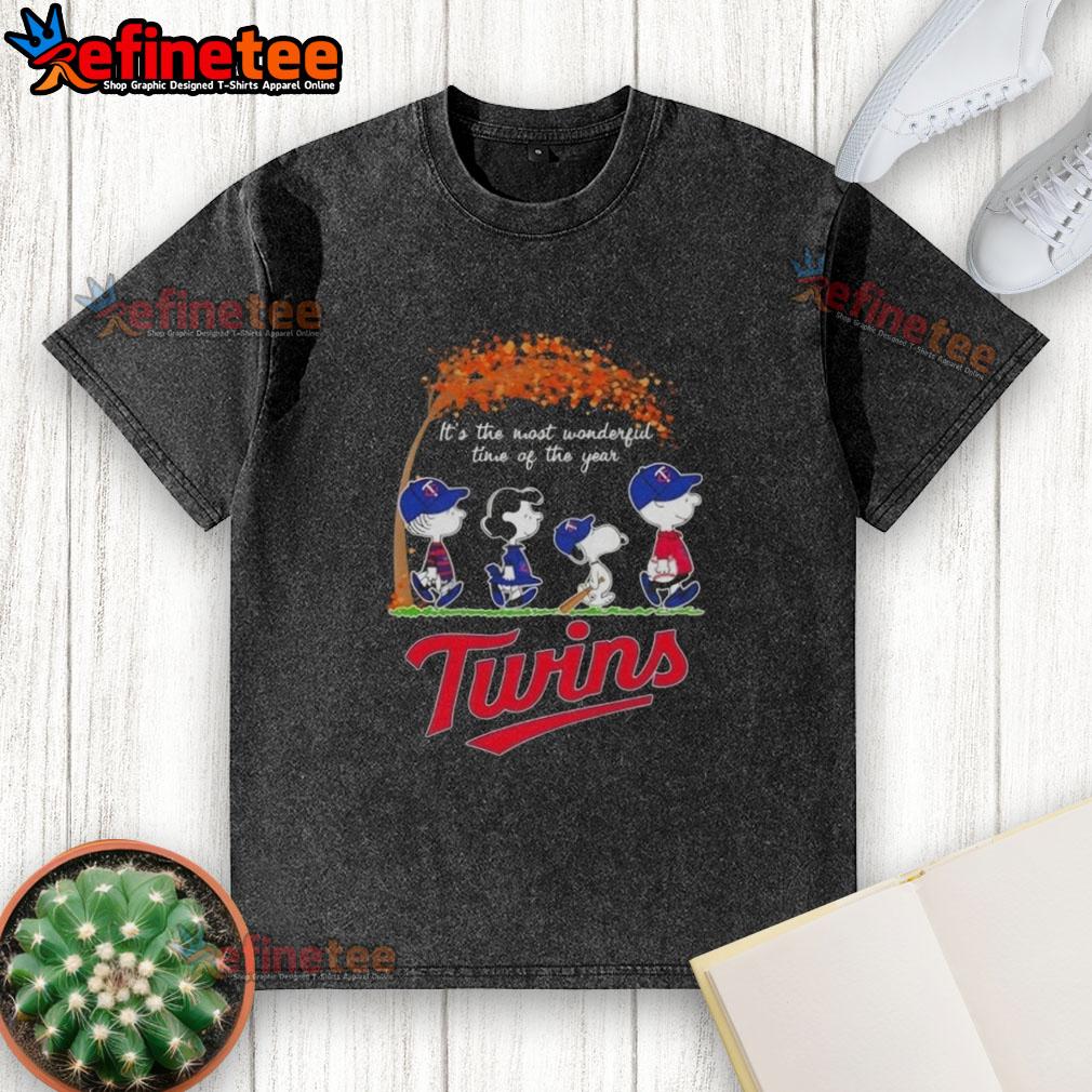 Premium Minnesota Twins X Peanuts Snoopy autumn t-shirt featuring 'It's The Most Wonderful Time Of The Year' design.