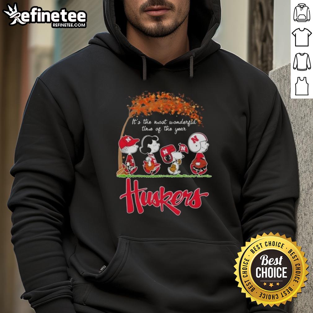 Premium Nebraska Cornhuskers X Peanuts Snoopy hoodie featuring autumn design, perfect for the most wonderful time of the year.