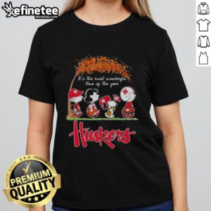 Premium Nebraska Cornhuskers X Peanuts Snoopy tee for ladies celebrating autumn's wonderful season.