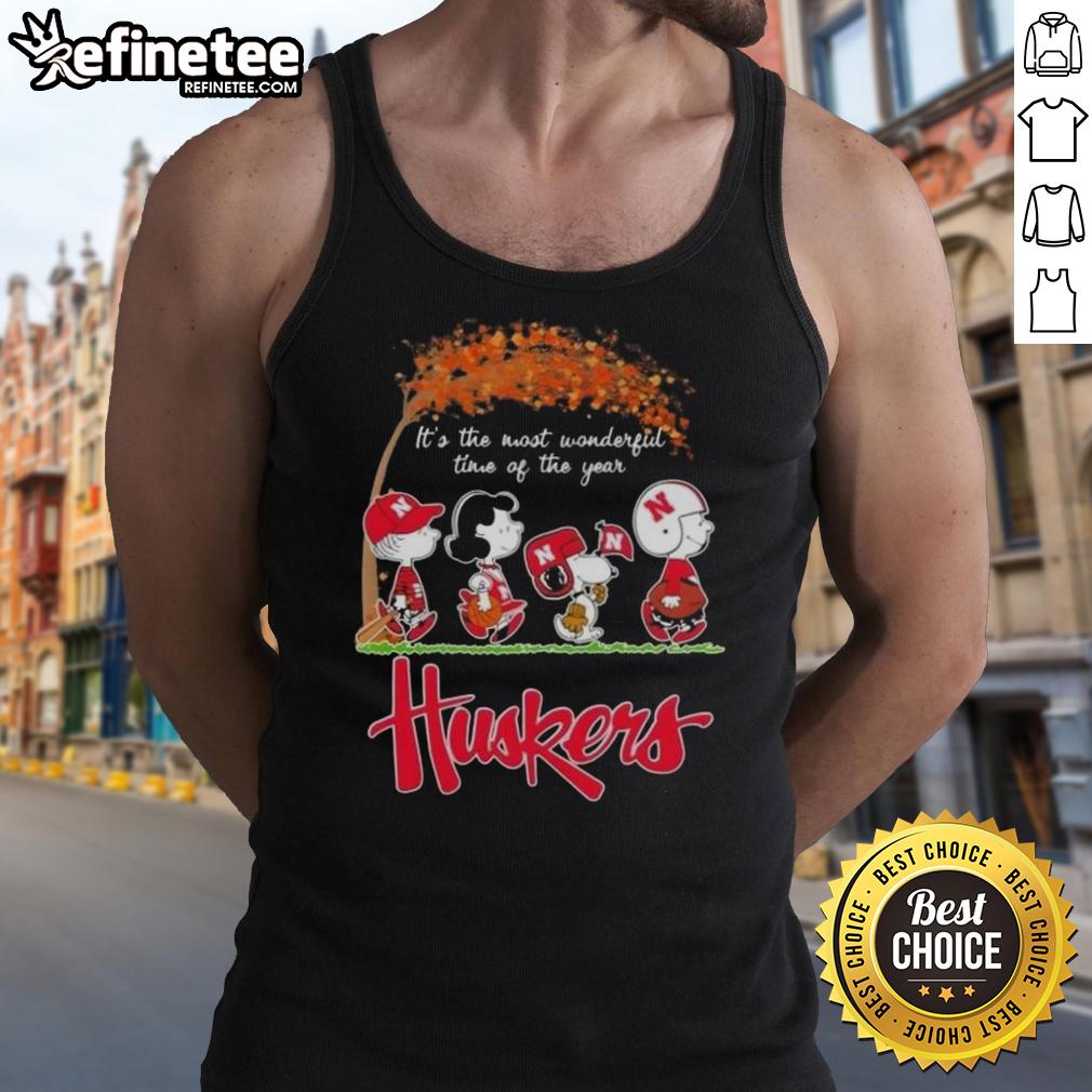 Premium Nebraska Cornhuskers X Peanuts Snoopy tank top for autumn, celebrating 'It's The Most Wonderful Time Of The Year.'