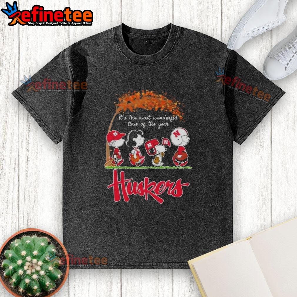 Alt Text: Premium Nebraska Cornhuskers X Peanuts Snoopy and Friends autumn washed t-shirt for the most wonderful time of the year.