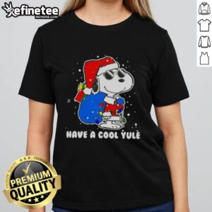 Premium Snoopy Santa Hat tee for women, featuring 'Merry Christmas' and 'Have A Cool Yule' design, perfect for holiday spirit.