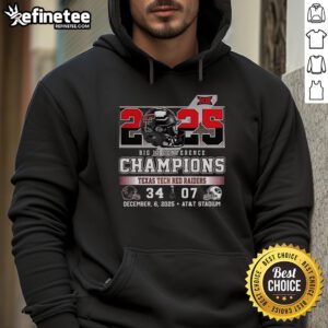 Alt Text: Premium Texas Tech Red Raiders 34 BYU 2025 Big 12 Conference Champions hoodie showcasing team pride and celebration.