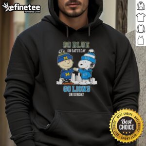 Charlie Brown and Snoopy fist bump in Detroit Lions hoodie, celebrating Go Blue on Saturday and game day spirit.