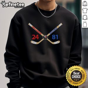 Alt Text: Top Ilya Rozanov and Shane Hollander heated rivalry inspired hockey love line sweatshirt design
