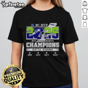 Seattle Seahawks 2025 NFC Conference Champions ladies tee featuring vibrant team colors and logo design.