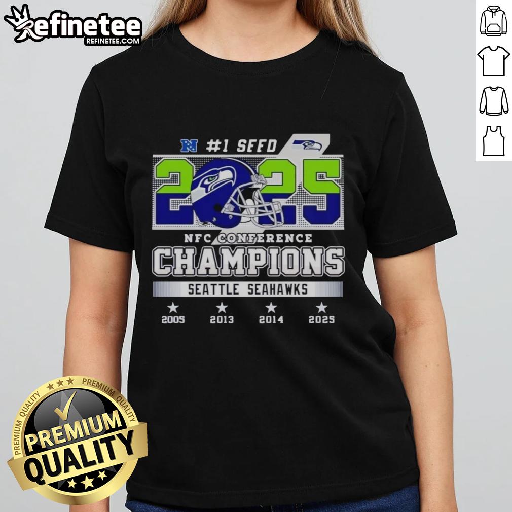 Seattle Seahawks 2025 NFC Conference Champions ladies tee featuring vibrant team colors and logo design.