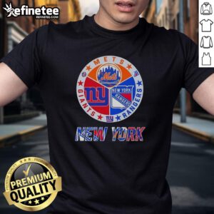Nice New York City Sports t-shirt featuring Mets, Rangers, and Giants logos for fans of NYC teams.