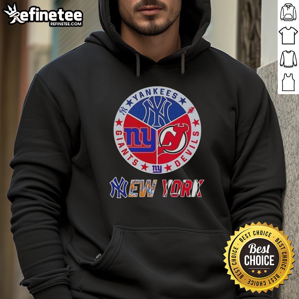 Alt Text: Nice New York City sports hoodie featuring Yankees, Devils, and Giants logos for fans of NYC teams.