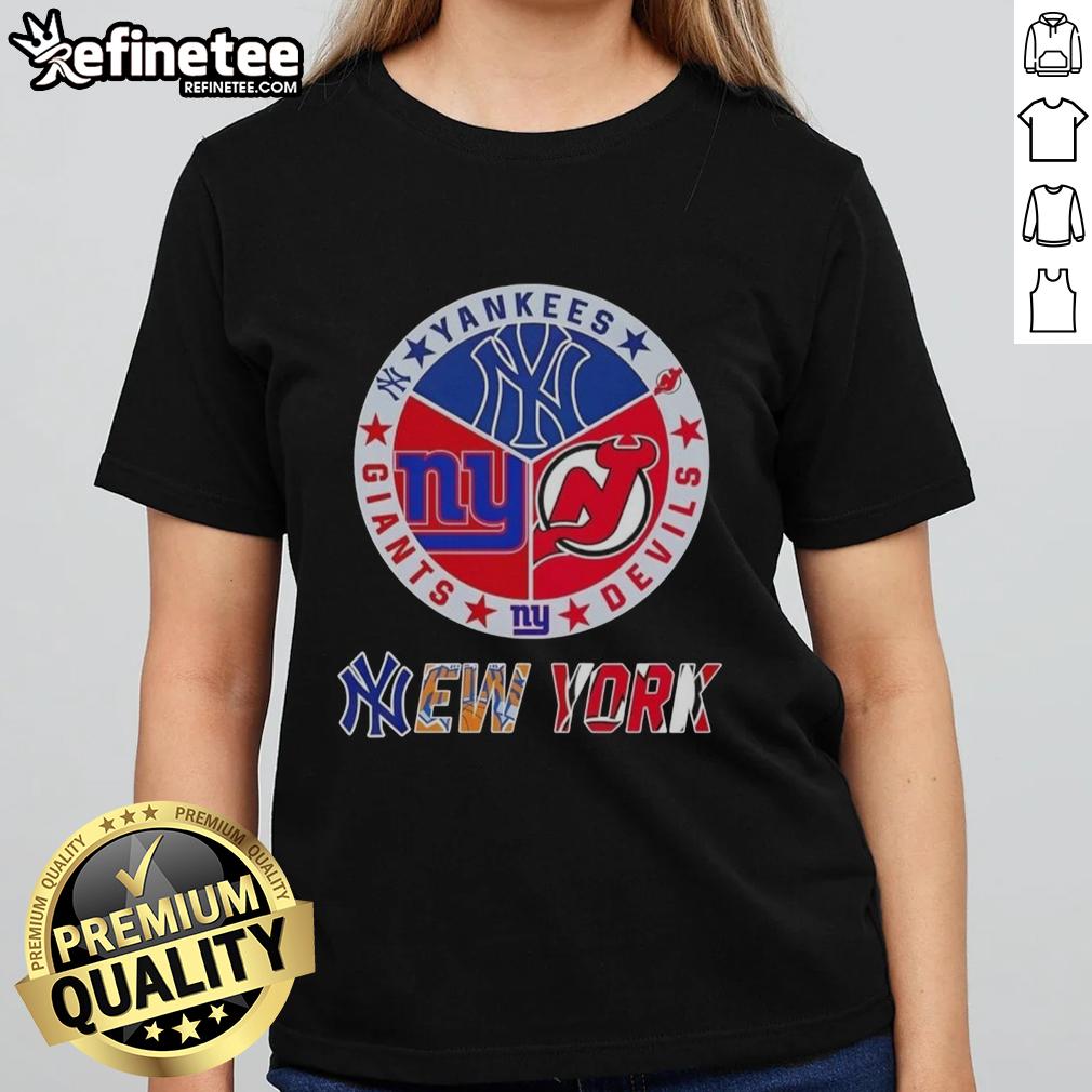 Ladies tee featuring combined logos of New York Yankees, Devils, and Giants for sports fans in NYC.