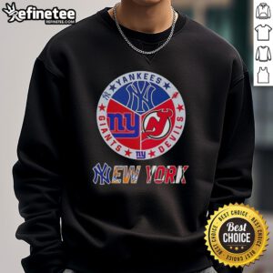 Cozy sweatshirt featuring combined logos of New York Yankees, Devils, and Giants, perfect for sports fans in NYC.