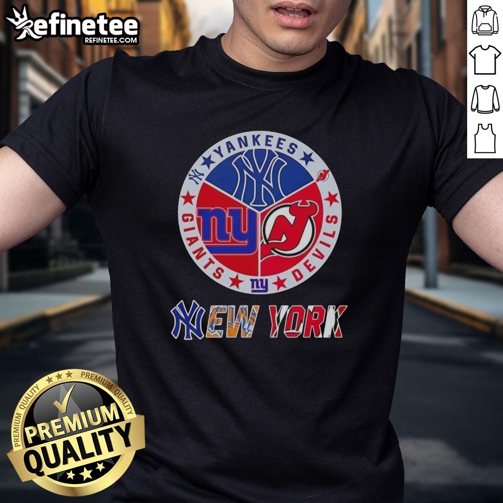 Nice New York City Sports Yankees Devils Giants logos combine T-shirt design featuring iconic team emblems.