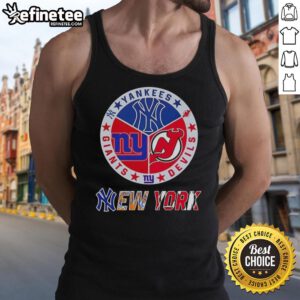 Stylish tank top featuring New York City sports team logos: Yankees, Devils, and Giants for fans and athletes.