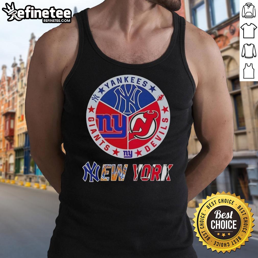 Stylish tank top featuring New York City sports team logos: Yankees, Devils, and Giants for fans and athletes.