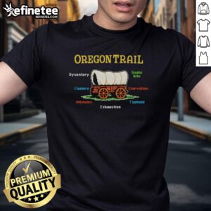 Funny Oregon Trail T-Shirt featuring dysentery, snake bite, cholera, and starvation graphics for retro gaming fans.