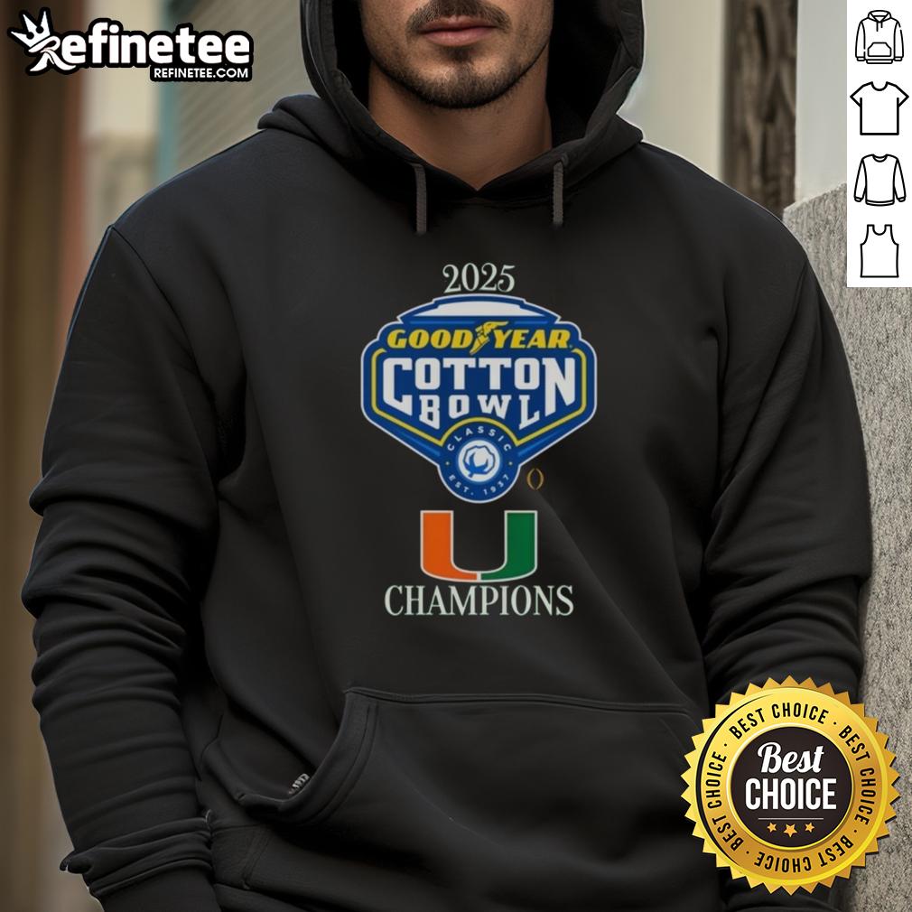 Official Miami Hurricanes 2025 Goodyear Cotton Bowl logo hoodie featuring vibrant team colors and unique design.