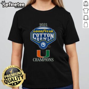 Alt Text: Official Miami Hurricanes 2025 Goodyear Cotton Bowl logo on a stylish ladies tee, perfect for game day.