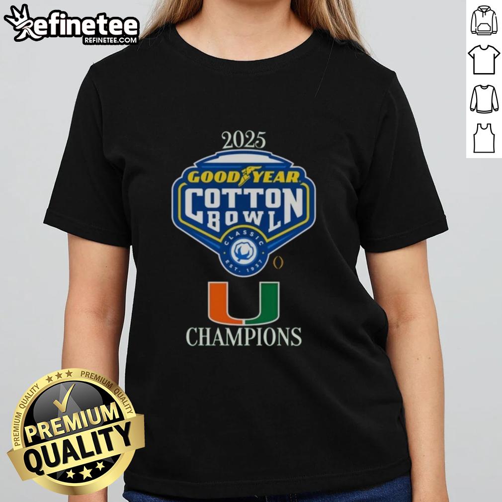 Alt Text: Official Miami Hurricanes 2025 Goodyear Cotton Bowl logo on a stylish ladies tee, perfect for game day.