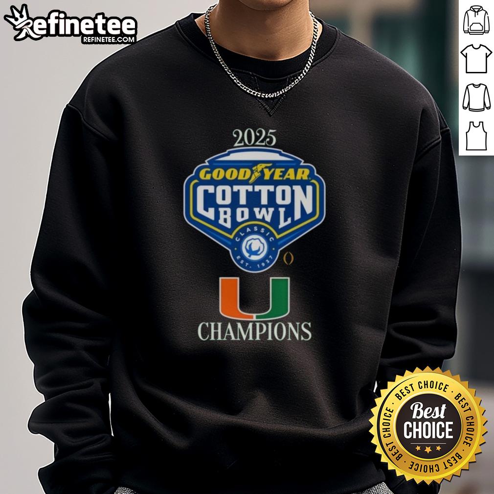 Official Miami Hurricanes 2025 Goodyear Cotton Bowl logo sweatshirt showcasing vibrant team colors and design.