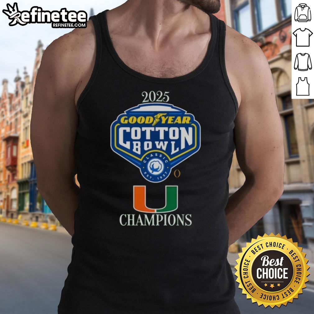 Alt Text: Official Miami Hurricanes 2025 Goodyear Cotton Bowl logo tank top featuring vibrant team colors and bold graphics.