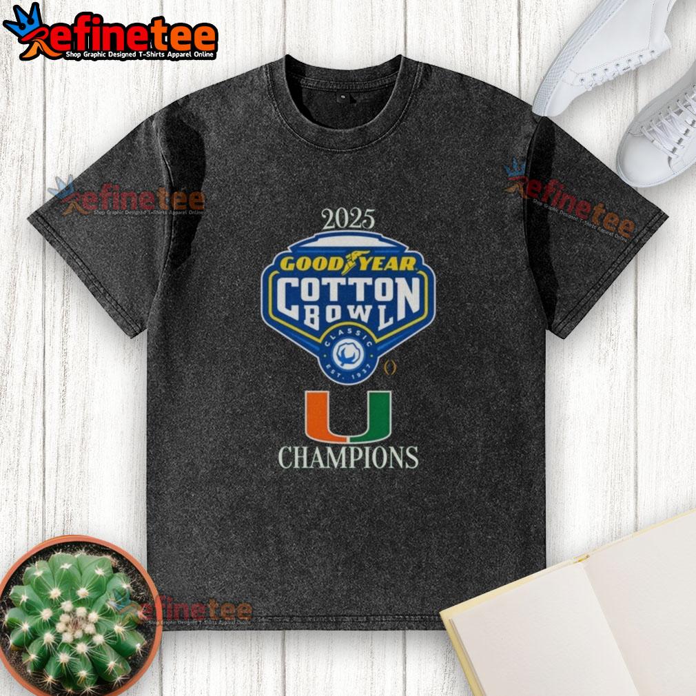 Official Miami Hurricanes 2025 Goodyear Cotton Bowl logo on a washed t-shirt, perfect for game day attire.