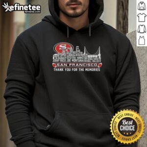 Alt Text: Official San Francisco 49ers hoodie featuring a city skyline design, perfect for fans celebrating memories of the team.
