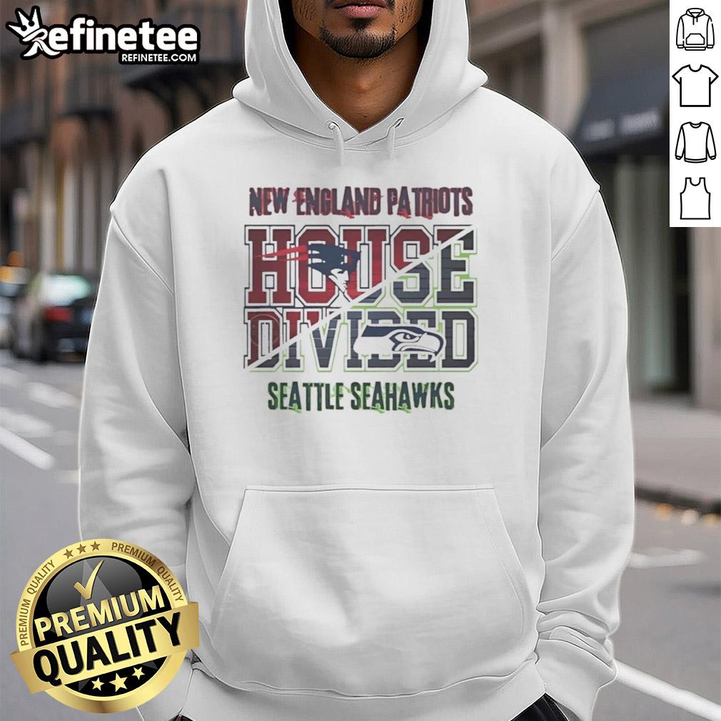 Original New England Patriots vs Seattle Seahawks house divided hoodie showcasing team logos for passionate fans.