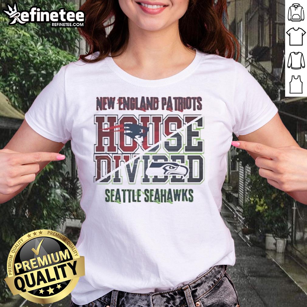 Original New England Patriots vs Seattle Seahawks house divided ladies tee featuring team logos and vibrant colors.