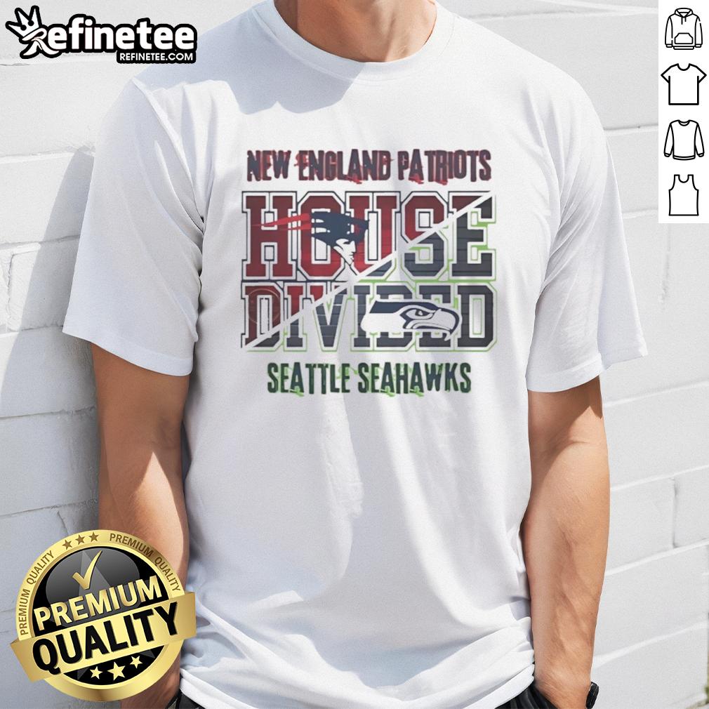 Original New England Patriots vs Seattle Seahawks house divided T-shirt featuring team logos and vibrant graphics.