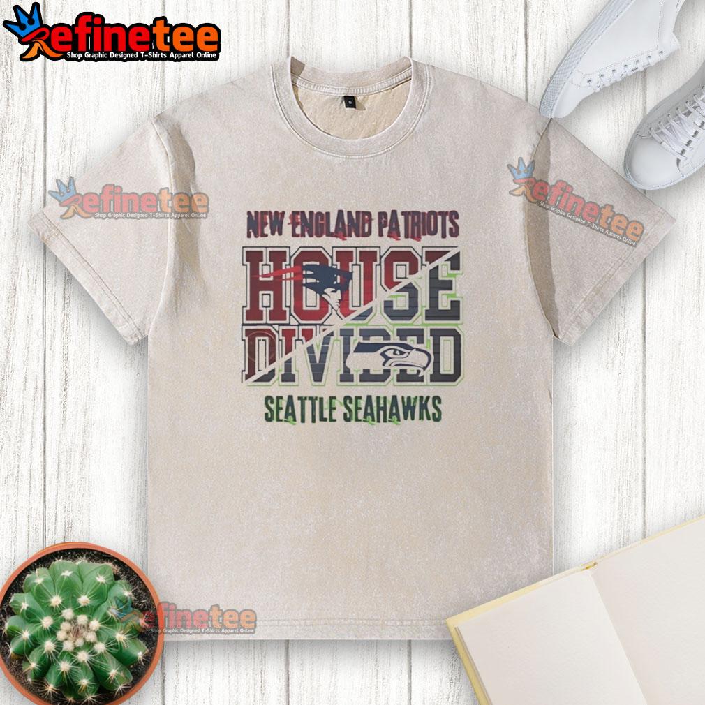House divided t-shirt featuring New England Patriots vs Seattle Seahawks design for fans of both teams.