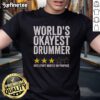 Alt Text: Original World's Okayest Drummer T-Shirt featuring a fun design and three-star rating, perfect for music lovers.