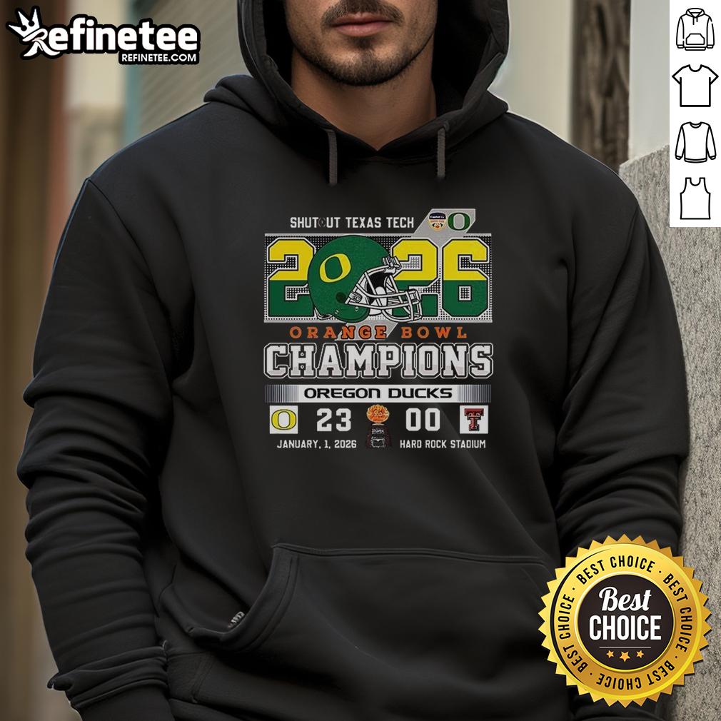 Premium Oregon Ducks Shutout Texas Tech Orange Bowl Champions Hoodie showcasing team spirit and victory in vibrant colors.