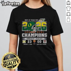 Alt Text: Premium Oregon Ducks Shutout Texas Tech Orange Bowl Score Champions Ladies Tee showcasing team spirit and style.