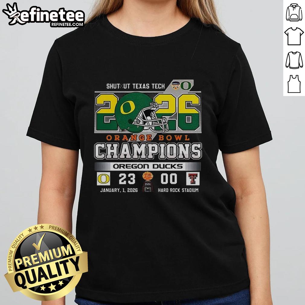 Alt Text: Premium Oregon Ducks Shutout Texas Tech Orange Bowl Score Champions Ladies Tee showcasing team spirit and style.