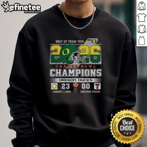 Alt Text: Premium Oregon Ducks Shutout Texas Tech Orange Bowl Champions Sweatshirt featuring team logo and vibrant colors.