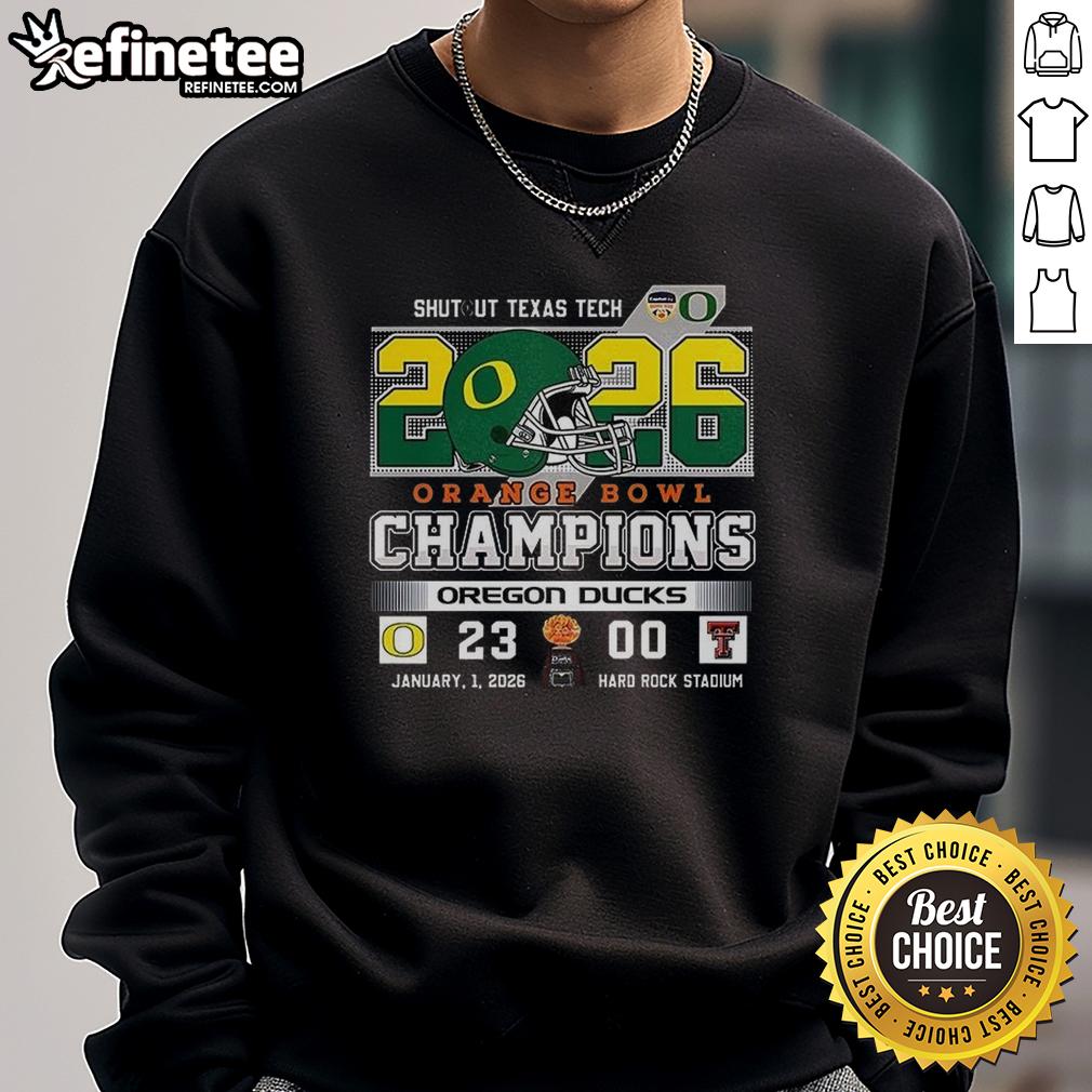 Alt Text: Premium Oregon Ducks Shutout Texas Tech Orange Bowl Champions Sweatshirt featuring team logo and vibrant colors.