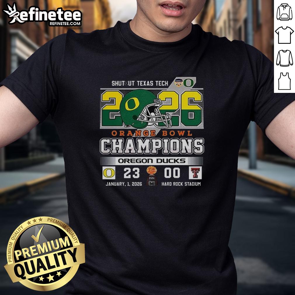 Premium Oregon Ducks Shutout Texas Tach Orange Bowl Score Champions T-Shirt featuring vibrant team colors and logo.