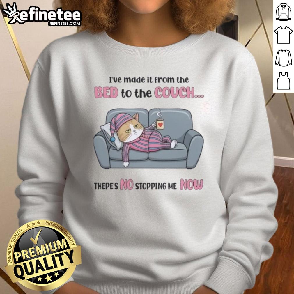 Alt Text: Cozy cat wearing 'I've Made It From The Bed To The Couch' sweatshirt, showcasing a relaxed vibe and humor.