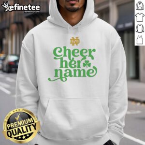 Top University of Notre Dame Cheer Her Name logo hoodie in navy blue, showcasing school spirit and style.