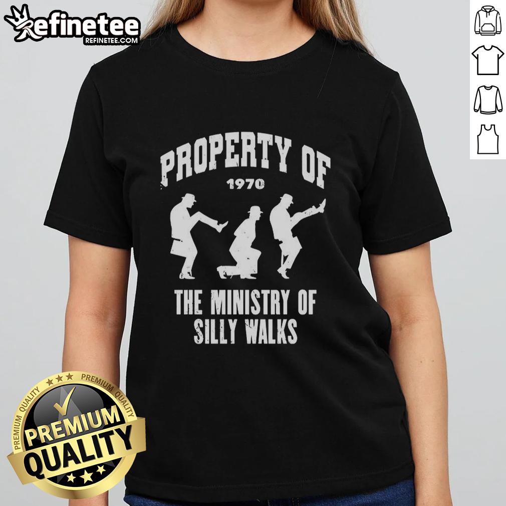 Silhouette of the Ministry of Silly Walks on a 1970 ladies tee, showcasing a unique and playful design.