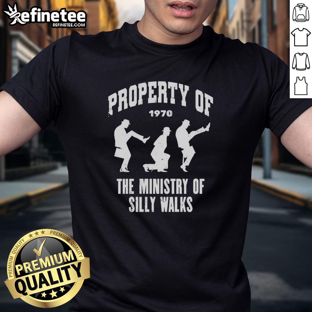 Alt Text: Awesome Property Of The Ministry Of Silly Walks Silhouette 1970 T-Shirt design featuring a classic comedic silhouette.