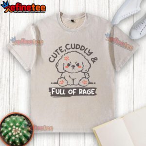 Cute, cuddly dog wearing a washed t-shirt, showcasing a playful yet fierce expression, perfect for pet lovers.